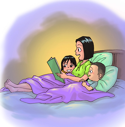 ภาพแม่เล่านิทานให้ลูกทั้งสองฟังบนเตียง